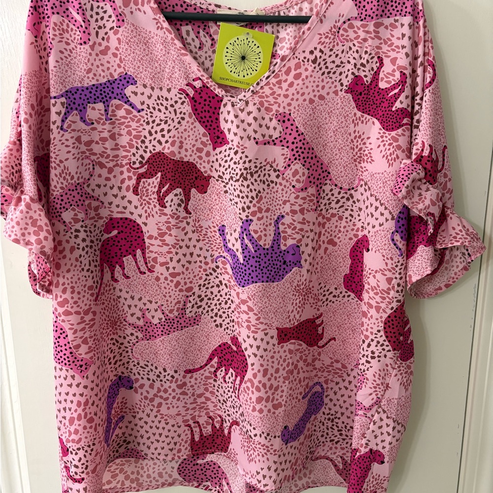 Women’s Pink Animal Print V-Neck Blouse